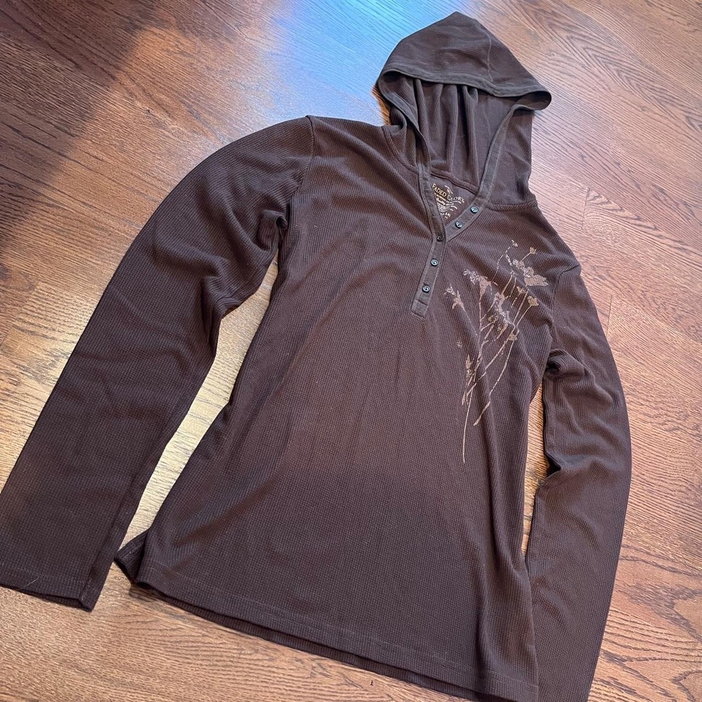 Y2K Brown Thermal Henley Hoodie Top Whimsigoth Goblincore Size S - Picture 2 of 7